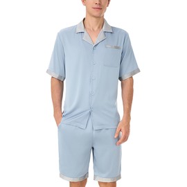 DAVID ARCHY Mens Summer Pajamas Set Satin Silk Feeling Sleepwear Short Sleeve Loungewear 2 Piece with Pockets (XL, Light Blue)