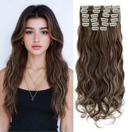 Benehair 22" Clip in Hair Extensions 12 Pcs Long Curly Wave Hair Extensions Clip in Full Head Synthetic Fiber Brown mix Blonde Hair Piece for Women Girls(Brown mix Blonde, 180g)