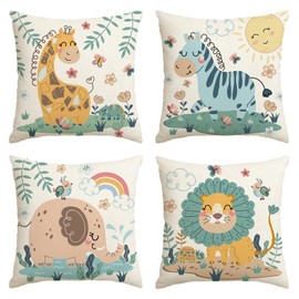 Artoid Mode Wildtiere Giraffe Elefant Zebra Löwe Dschungel Kinder Kissenbezüge 4er Set, 45x45 cm Zierkissenbezug Cushion Cover Couch Wohnzimmer Deko