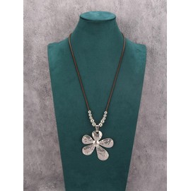 HAPPILOOPS Leather Long Necklace for Women Boho Style Chunky Silver Flower Pendant Necklace Women's Jewelry
