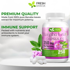 FRESHDRINKUS, 250 Banaba Capsules| High Potency Standardized| 100% from Natural Banaba Leaves Extract| 350mg per Capsule| 350mg per Serving| 250 Days Supply| Vegan Capsules| Non-GMO, Gluten-Free