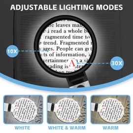 30X 10X Large Magnifying Glass with Light and Stand Lighted Magnifying Glass with 12 LEDs 3 Adjustable Light Mode Handheld Magnifier for Low Vision Seniors Small Prints Reading Coins (Dark Black)