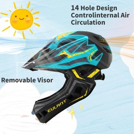 EULANT Children’s Full Face Helmet with Chin Guard, Bicycle Helmet for Girls and Boys Aged 6 Years, Fits Head Size 48-56 cm (Blue and Yellow, Small=48-53cm/18.9-20.9inch)