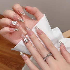 Pure Handmade Nails Press on Nail Reusable Fake Nails GoldRhinestones Bling Bling Medium Stick on Nails French Tip False Nails 10pcs (S, Q295)