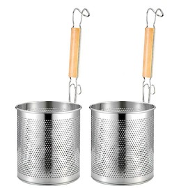 2 Pieces Pasta Strainer, Stainless Steel Mesh Spider Strainer, Basket Fine Mesh Spider Basket with Wooden Handle Good For Boiling Food Spaghetti Dumpling