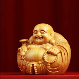 WOWTAC Hotei Seven Lucky Gods Boxwood Hotei Mini Hand Carved Lucky Charm Figurine Buddha Statue Wood Carving Seven Lucky Gods Figurine Money Luck Amulet Rising Fortune