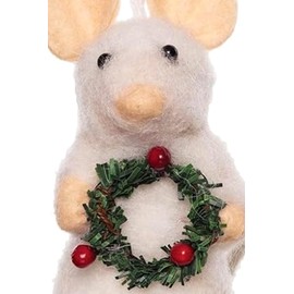 The Bridge Collection White Felt Mouse with Holly Wreath Ornament - Primitive Cute Mouse Christmas Tree Ornaments - Animal Ornament for Holiday Decor