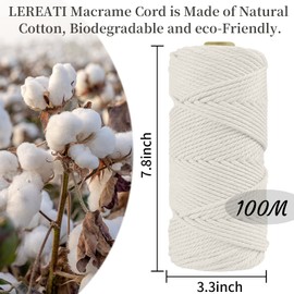 LEREATI Macrame Cord 4mm x 100m, Thick Macrame Rope Natural Cotton Rope Craft String, 4 Strand Twisted Cotton Cord Yarn for DIY Plant Hanger, Wall Hanging, Christmas Decoration (Natural)