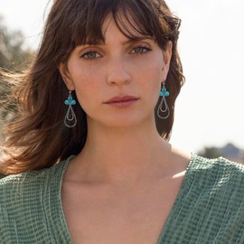 Teppdfann Boho Turquoise Earrings for Women – Turquoise Drop Dangle Earrings with Hammered Silver Design, Western Turquoise Birthstone Jewelry with for Gift