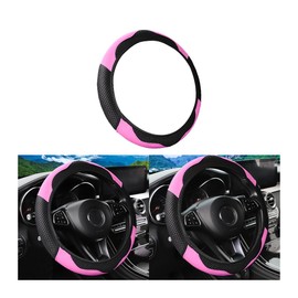 FALVFUN Carbon Fiber Car Steering Wheel Cover, 14.5-15 Inch Leather Elastic Vehicle Steering Wheel Protecter, Breathable Non Slip Auto Interior Decor Accessories, Universal Fit (Pink)