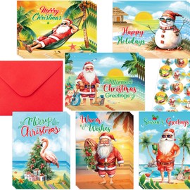 Beach Christmas Cards Tropical Merry Christmas Greeting Cards Flamingo Santa Claus Snowman Card Bulk for Kids Holiday Party Favor Supplies 24 Pcs