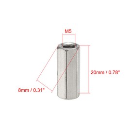 sourcing map M5 x 0.8-Pitch 20mm Length 304 Stainless Steel Metric Hex Coupling Nuts, 4 Pcs
