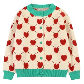 SMILING PINKER Baby Toddler Girls Cardigan Heart Knit Crew Neck Button Up Sweater Jacket(3T,Red)