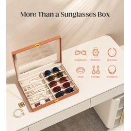 sensok Sunglasses Organizer Storage Box - 10 Slots Eyeglass Display Case for Multiple Pair Glasses, Sunglass Holder with Clear Glass Lid, Jewelry and Watch Collection Box for Women and Men, Brown
