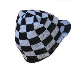 Black White Checkered Flag Visor Billed Knit Beanie Stocking Ski Cap Winter Racing Cadet Plaid Hat Race Cars Biker