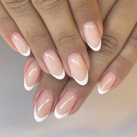 White French Tip Press on Nails Short Oval TUZANDW Fake Nails Almond Glue on Nails Short Full Cover False Nails Daily Wear Simple Acrylic Nails for Women 24 Pcs