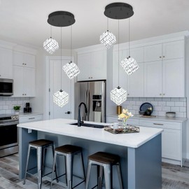 3-Lights Pendants Lightfor Kitchen lsland Chandeliers Dining Room,Square Entryway Light Fixture Hanging Adjustable Height Black Crystal Chandeliers for Bedroom Hallway Foyer