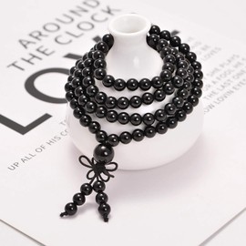 AD Beads Natural Gemstones Buddhist 108 Prayer Healing Beads Mala Stretchy Bracelet Necklace 6mm (Black Onyx)