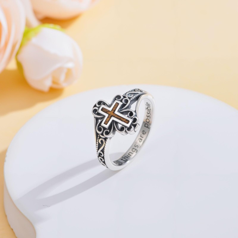 Lypic Cross Ring for Women 925 Sterling Silver Wooden Cross