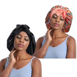 Hanbertti 2 Pack sleep bonnet adjustable satin cap silk bonnets for sleeping hair keep dry women reusable long layers sumptuous night frizzy curly（black+orange)