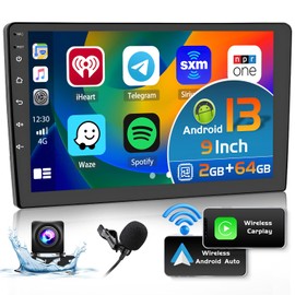 2G+64G Android 13 Car Stereo Double Din Wireless Apple Carplay & Android Auto, 9 Inch HD Touchscreen Car Radio with Bluetooth, GPS Navi, WiFi, Mirror Link, FM, RDS, HiFi, SWC, Mic + AHD Backup Camera