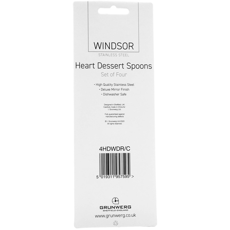 Grunwerg Windsor Carded 4-Piece Heart-Shaped Dessert Spoon Set 4HDWDR/C, 18/0