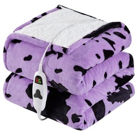 Cow Print Heated Electric Blanket Full Size,72X84 Purple Heating Blanket with 10 Heats Levels & 8 Hours Auto Off,Highland Cow Decor Fleece Sherpa Blankets Warmer Gifts for Women Adults,Washable,ETL
