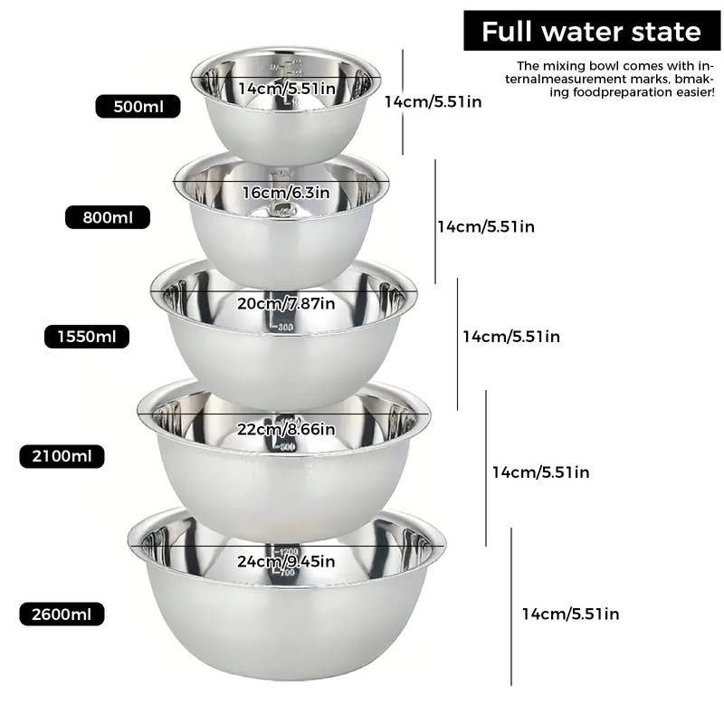 5PCS Stainless Steel Mixing Bowl, Multi-Functional Thick Large Bowls with