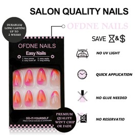 Press on Nails Short Almond OFDNE French Tip Fake Nails Pink & Orange False Nails Gradient Full Cover Glossy Glue on Nails Stick on Nails Acrylic Nails for Women Girls 24 Pcs
