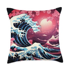 Wave Bloom Vibes Artistry Vibrant Colors Wave's Sakura Waltz Japanese's Allure Throw Pillow, 18x18, Multicolor