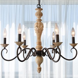 Cawabien French Country Chandelier-Farmhouse Chandeliers for Dining Room 6 Lights Fixture Rust Imitation Wood Finish for Living Room, Bedroom, Kitchen, Stairway, Bathroom (Dia 23.3”)