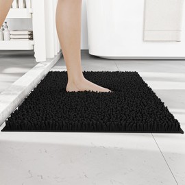 RUN HELIX Chenille Bath Mat Non Slip, Black Bathroom Mat 50x80 cm, Shaggy Bathroom Rug, Absorbent Bath Mats for Bathroom, Fluffy Bathroom Mats (50 x 80 cm, Black)