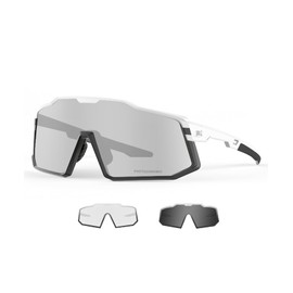 LECAGE Photochromic Cycling Glasses for Men and Women, Photochromic Polarised Sports Sunglasses, UV400 Protection, Cycling Glasses, Sports Glasses for Fast Cycling, MTB, Running (Black + White)
