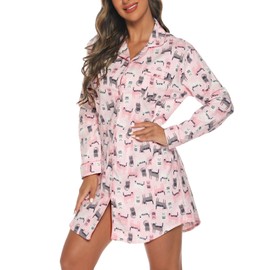 ENJOYNIGHT Women's Sleep Shirt Flannel Print Pajama Top Button-Front Nightshirt (Small, Cat)