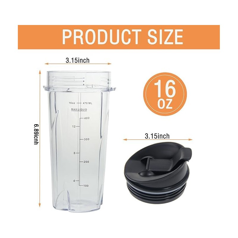 16oz Replacement Cups for Ninja QB3001SS Fit Compact Personal Blender,
