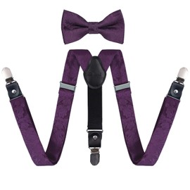 Alizeal Boys Adjustable Floral Paisley Pre-tied Bow Tie and Y Shape 3 Clips Braces Set, Plum Purple