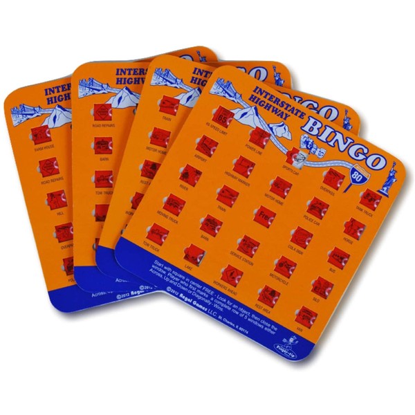 Regal Games Original Interstate Highway Travel Bingo Set, Bingo Cards for Family Vacations, Car Rides, and Road Trips, Orange, 4 Pack