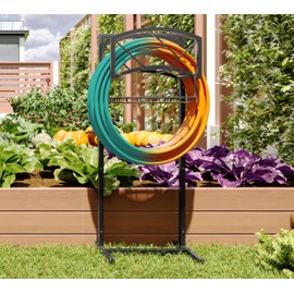 Fire Beauty Heavy-Duty Portable Garden Hose Holder with Storage Basket,80+ lbs Capacity, Modern Geometric Design, Holds 180ft 1/2" Hose,Dual Support Rods & Rustproof Screws