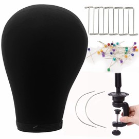 UPerfe Canvas Wig Head Stand with Mannequin Head for Wig Styling Making Kit 23 Inch Black Maniquins Cork Canvas Block Head for Wigs (Wig holder stand, T-Pins, C-Pins, Colorful Round Pins)