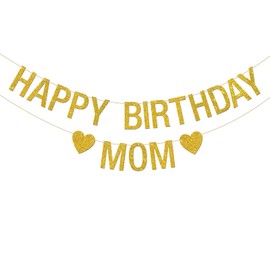 INNORU Happy Birthday Mom Banner, Queen Mother Mom Birthday Party Hanging Bunting, Mommy Birthday Party Decorations Supplies Banner, Gold Glitter