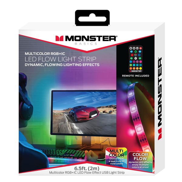 Monster 6.5ft Multicolor/Multi-Zone LED Rainbow Flow Light Strip, Customizable Colors/Flash