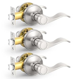 Probrico Wave Shape Passage Door Lever Satin Nickel Keyless Handle for Hall and Closet, Interior Non-Locking Leverset Handleset Hardware, Reversible for Right and Left Handed Doors, 3 Pack