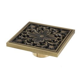 Wealrit 4 Inch Square Shower Floor Drain Antique Brushed Brass Bathroom Shower Drain with Removable Cover Flower Carved(Style 1)