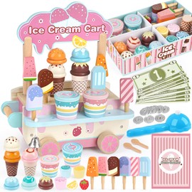 Dreamon Wooden Ice Cream Toys for Kids Toddlers, 41 PCS Ice Cream Cart Play Kitchen Accessories with Menu, Pretend Money, Wooden Ice Cream Shop Play Food Sets for 3 4 5 6 Year Old Girls Boys Gifts