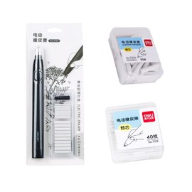 YUANHEN Electric Erasers, Black, Brush Shapes, Set of 112 (Main Body, 60 Refills, 0.2 inches (5 mm) x 60 Leads, 0.1 inches (2.5 mm) x 50 Pieces, Eraser Cover x 1 for Students; Stationery, Suitable for Students, Painting, Letters, Sheet Music, Office, Dra