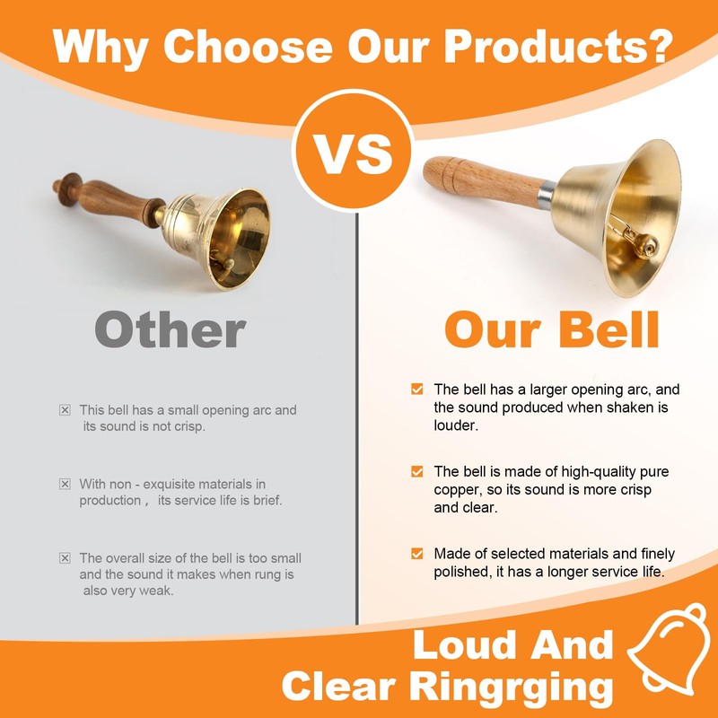 Super Loud Hand Bell, Metal Bells with Wooden Handle, Solid