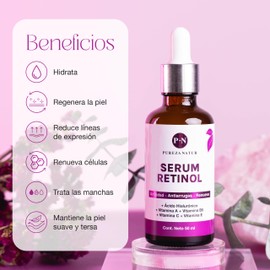 PUREZA NATUR Serum Retinol + Vitaminas A, B5, E, C + Acido hialuronico facial hidratante y reparador | Suero Reductor de líneas de expresión e imperfecciones en la piel 50ml