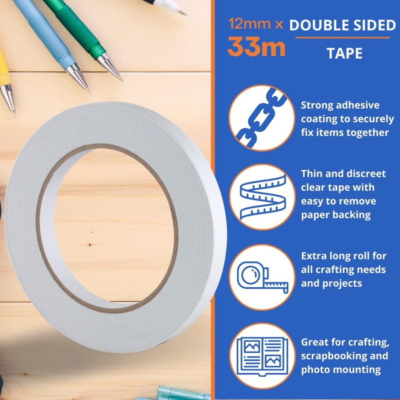 Gocableties Clear Double Sided Tape, 12mm (1/2”) x 33m, Strong
