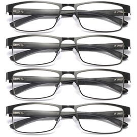 B&Q 4 Pack Rectangular Metal Frame Spring Hinge Blue Light Blocking Reading Glasses Readers for Men (070 Black x4, 1.25, multiplier_x)
