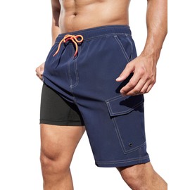 SILKWORLD Swim Trunks for Men 2 in 1 Swimming Trunk 9" Bathing Suits Beach Shorts with Compression Liner and Cargo Pockets, Navy, X-Large